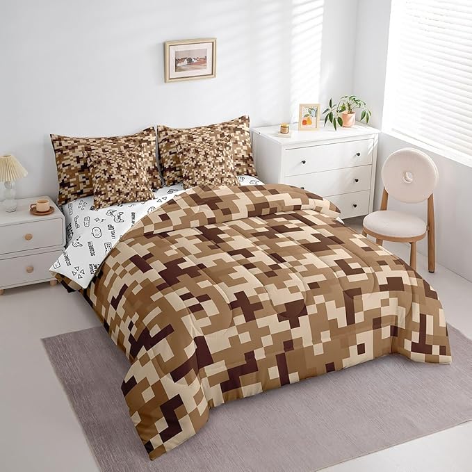 Brown Grid 7Pcs Comforter Set King Size for Kids Boys,Sandbox Pixelated Themed Fitted Flat Sheet Teens Men Gamer Room Decor,Miner Style Checked Bedding Set Desert Style 2 Throw Pillow,2 Pillowcases