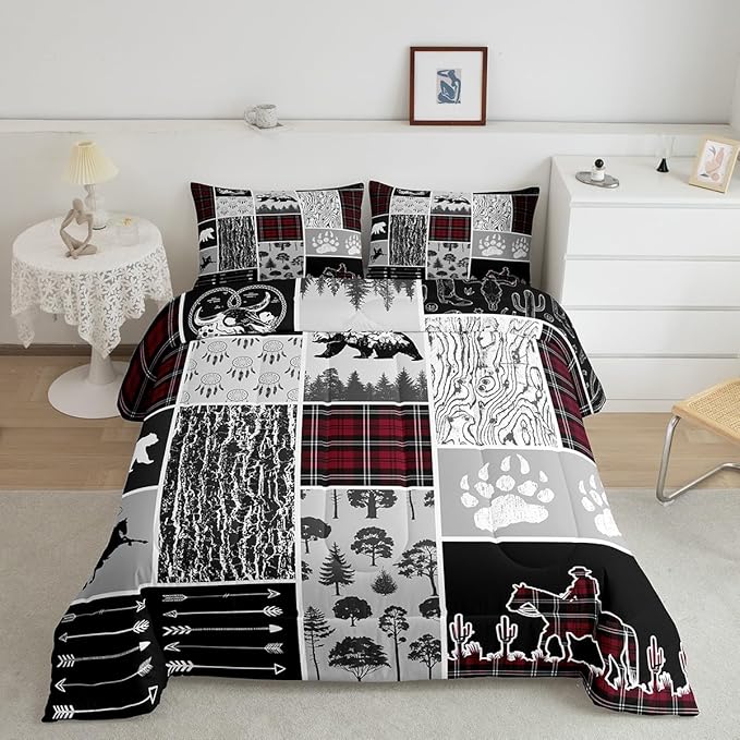 Erosebridal Western Cowboy Comforter Set Toddler,Rustic Farmhouse Bedding Set Western Bedroom Decor,Hunting Bear Horse Duvet Insert,Dream Catcher Arrow Wildlife Print Quilt Buffalo Plaid Decor,Red