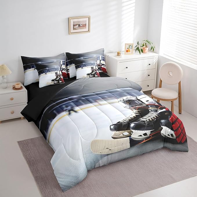 Feelyou Hockey Comforter Set Twin Size 7 Pcs Ice Hockey Comforter Bed in a Bag Winter Sports Bedding Set for Boys Girls Teens Hockey Lover Bed Set with Sheets, Pillowcases, Pillow Covers