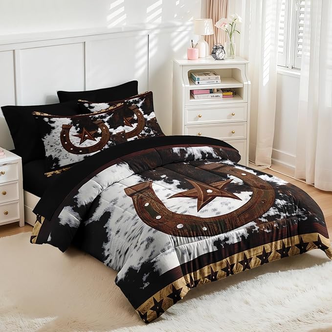 Nesker 7 Pcs Comforter Set Full Size, Western Cowboy Texas Star Horseshoes Bedding Set for Kids and Adults, Cowhide Rustic Farmhouse Bed Sheet Sets with Fitted Sheet 2 Pillowcases & 2 Shams