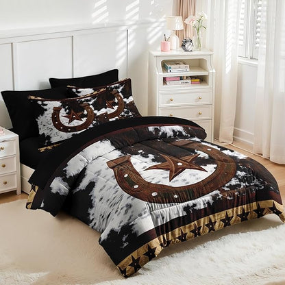 Nesker 7 Pcs Comforter Set Full Size, Western Cowboy Texas Star Horseshoes Bedding Set for Kids and Adults, Cowhide Rustic Farmhouse Bed Sheet Sets with Fitted Sheet 2 Pillowcases & 2 Shams