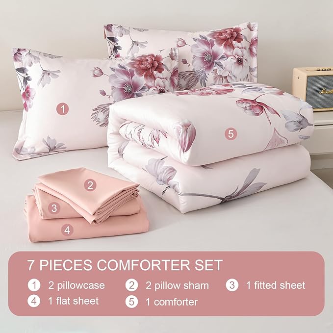 Floral Comforters Queen Size 7 Pieces Botanical Pink Bed in a Bag Ulter Soft Microfiber Bedding Set, Lightweight Bed Comforter Set with Sheets for All Season (Pink, Queen)