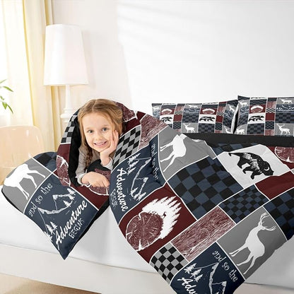 Rustic Bear Bedding Comforter Sets, Farm Country Vintage Comforter Set Hunting Cabin Wooden Lodge Bedding Forest Wildlife Plaid Patchwork Quilt With 2 Pillow Cases, Red Gray Black, King Size