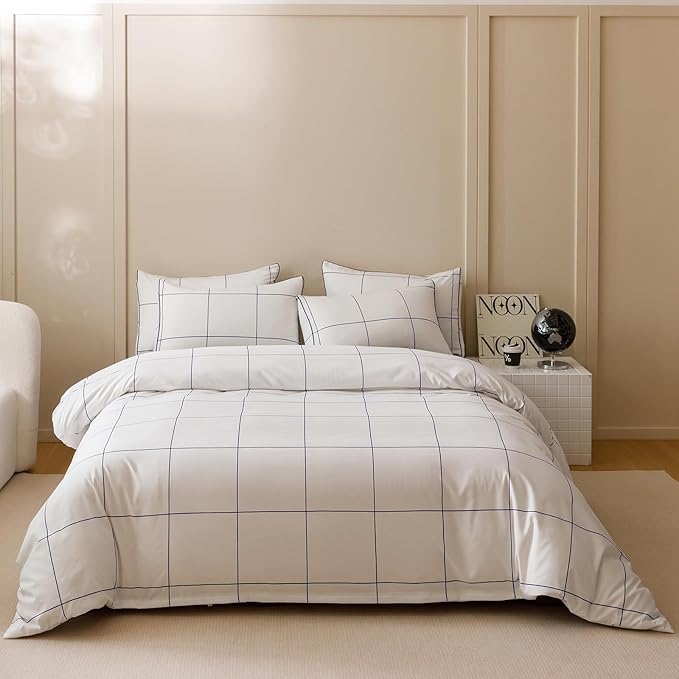 CLOTHKNOW White Grid Queen Comforter Set Plaid Bedding Comforter Sets Soft Big Checker Comforter and 2 x Pillow Cases
