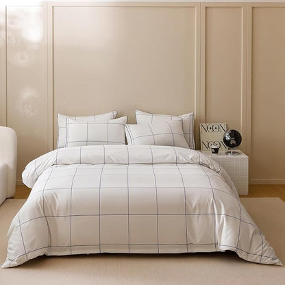 CLOTHKNOW White Grid Queen Comforter Set Plaid Bedding Comforter Sets Soft Big Checker Comforter and 2 x Pillow Cases