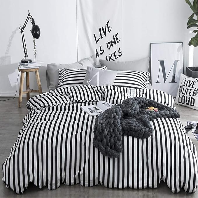 KAREVER White and Black Stripes Comforter Set Twin Women Bedding Set Soft Durable White Striated Bedding Set Black Stripes Ticking Quilts Hotel Quality Comforter Set Girls White Black Stripes Bed Set