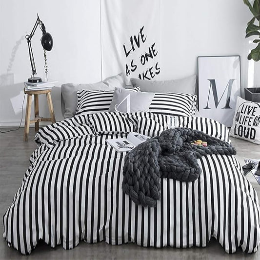KAREVER White and Black Stripes Comforter Set Cal King Women Bedding Set Soft Durable Girls White Striated Bedding Set Hotel Quality Blanket