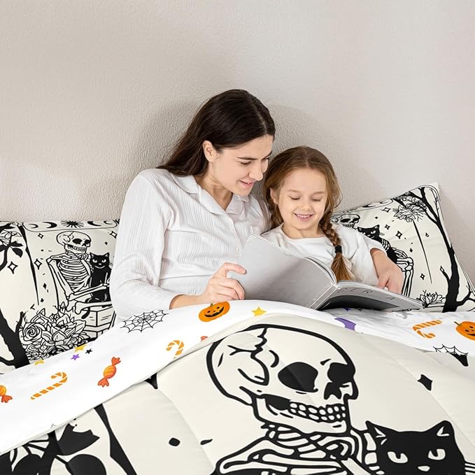 Erosebridal Halloween Gothic Skull Comforter Set Toddler, Skeleon Holding Cat Bedding Set, Gothic Floral Comforter for Kids Teens Boys Adults Goth Room Decor, Sun and Moon Quilt, Lightweight