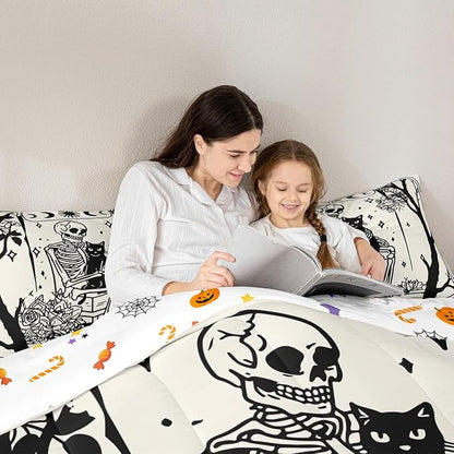 Erosebridal Halloween Gothic Skull Comforter Set Queen, Skeleon Holding Cat Bedding Set, Gothic Floral Comforter for Kids Teens Boys Adults Goth Room Decor, Sun and Moon Quilt, Lightweight