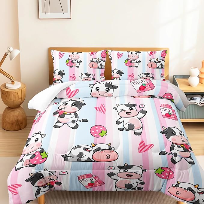 Funny Comforter Set for Girls King Size,3-Piece Bed in a Bag,Colorful Stripe Bedding Set,Strawberry Kawaii Cow Quilts Set Lightweight Soft Microfiber Warm Down Alternative All Season
