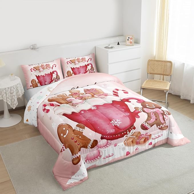 Gingerbread Men Comforter Set Twin Size,Candy Coffee Bedding Sets 2Pcs for Kids Girls Boys Women Room Decor,Pink Bowknot Duvet Insert Pink Christmas Down Comforter,1 Pillowcase