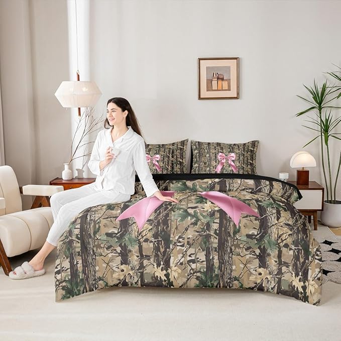 Erosebridal Bowknot 7 Piece Bedding Set Twin Camo Comforter Set with Sheets Hunting Woodland Bow Ribbon Wildlife Deer Bed in A Bag Brown Pink Bed Sets