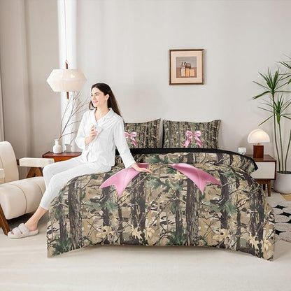 Erosebridal Bowknot 7 Piece Bedding Set Twin Camo Comforter Set with Sheets Hunting Woodland Bow Ribbon Wildlife Deer Bed in A Bag Brown Pink Bed Sets