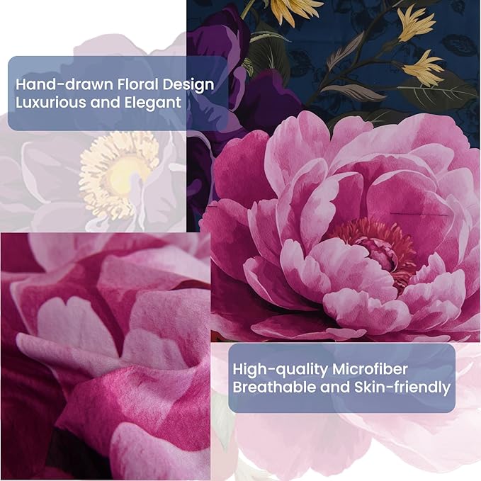 WONGS BEDDING Blue Comforter Set Queen Size Floral, 7 Pieces Bed in a Bag Set, Navy Blue and Pink Flower Bedding Set, Soft Microfiber for All Season with Pillowcases & Shams,Sheets(90"×90")