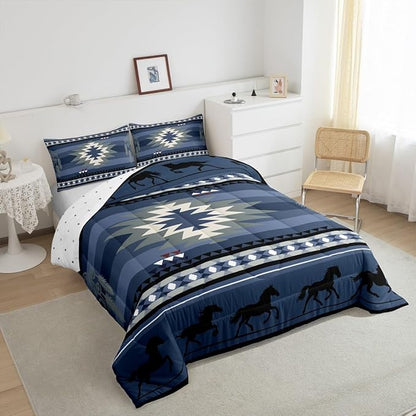 Feelyou Blue Rustic Western Comforter Set Southwestern Aztec Bedding Set Full Size for Kids Boys Girls Teens Room Decor Boho Geometric Western Horse Comforter Soft Microfiber