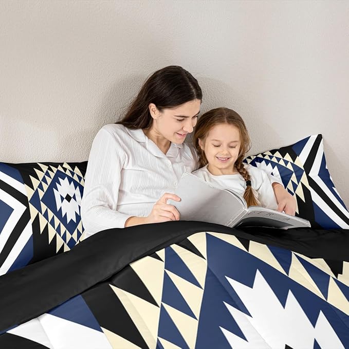 Feelyou Kids Blue Black Boho Western Bedding Set Full Size Southwestern Aztec Tribal Comforter Set for Boys Girls Vintage Geometric Duvet Quilt