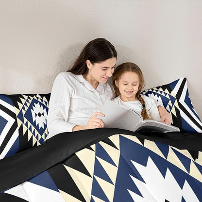 Feelyou Kids Blue Black Boho Western Bedding Set Queen Size Southwestern Aztec Tribal Comforter Set for Boys Girls Vintage Geometric Duvet Quilt