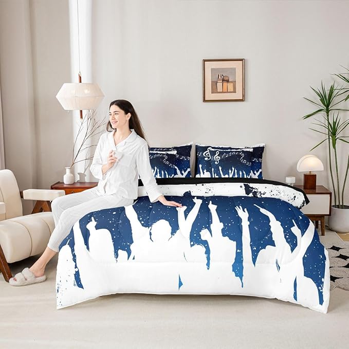 Erosebridal Music Note Stave White Blue King 7-Piece Comforter Set | Starry Sky Sheets and Pillowcases Piano Swirl Guitar Bed in A Bag Aesthetic Kids Adults Bed Sets