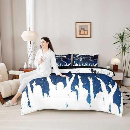 Erosebridal Music Note Stave White Blue King 7-Piece Comforter Set | Starry Sky Sheets and Pillowcases Piano Swirl Guitar Bed in A Bag Aesthetic Kids Adults Bed Sets
