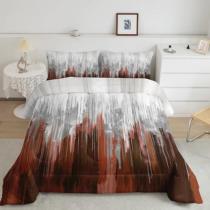 Burnt Orange White Gradient Print Comforter Set King Size,Abstract Art Bedding Set,Patchwork Printed Quilted Set for Teens Adult,with 1 Comforter and 2 Pillow Case