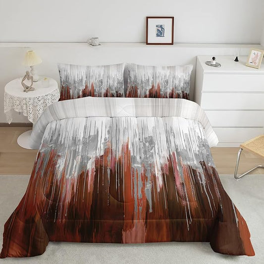 Burnt Orange White Gradient Print Comforter Set Full Size,Abstract Art Bedding Set,Patchwork Printed Quilted Set for Teens Adult,with 1 Comforter and 2 Pillow Case