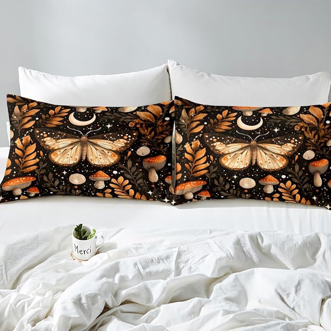 Erosebridal Orange Mushroom Comforter Set Queen, Gothic Moth Bedding Set for Kids Boys Girls Adults Gothic Bedroom Decor, Butterfly Vintage Plants Comforter, Moon and Starry Star Black Quilt