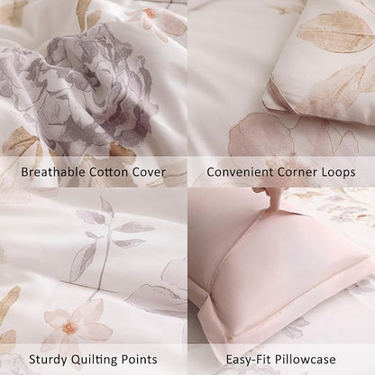 Vintage Natural Cotton Comforter Queen Size 3Pcs - Brown & Lilac Gray Branches and Soft Blush Flowers on Off-White, Lightweight Reversible Floral Bedding Sets(Full/Queen,90"×90")