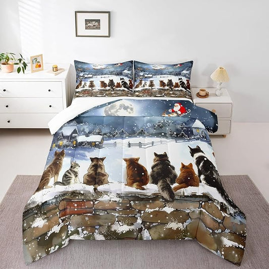 Merry Christmas Bedding Set Full Size,Watercolor Cat Comforter Set 3Pcs for Kids Girls Boys Teens Room Decor,Santa Clause Sleigh Quilt Set Funny Winter Painting Art Duvet Insert,2 Pillowcases