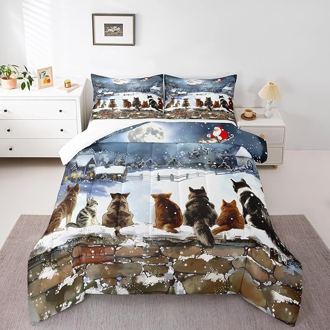 Merry Christmas Comforter Set Queen Size,Watercolor Cat Bedding Set 3Pcs for Kids Girls Boys Teens Room Decor,Santa Clause Sleigh Quilt Set Funny Winter Painting Art Duvet Insert,2 Pillowcases