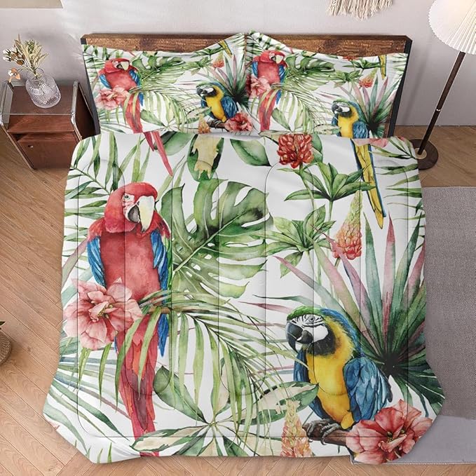 Twin Size Comforter Set with Pillowcase, Tropical Hibiscus Birds 2 Pcs Bedding for Kids and Adults, Flower Palm Leaf Soft Comforter Set for Bedroom Bed Decor