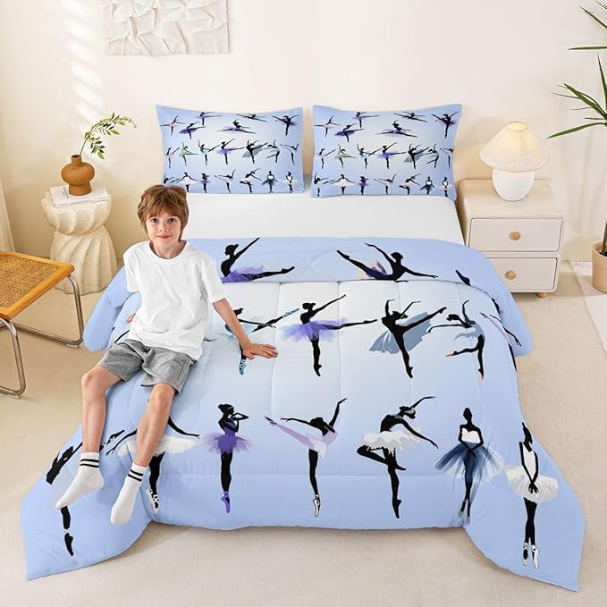 Erosebridal Girl Comforter Set Queen Size Ballet Bedding Set for Girls Women Kids Teens Dancing Theme Down Comforter Classical Graceful Style Warm Soft 3 Pieces Bedroom Decor Quilt Set