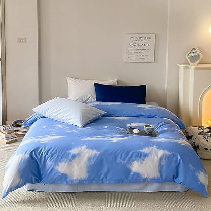 KAREVER Blue Cloud Comforter Set Cal King Size Sky Theme Bedding Women 3 Pieces Soft Light Blue California King Plus Size Bed Blanket Set All Season