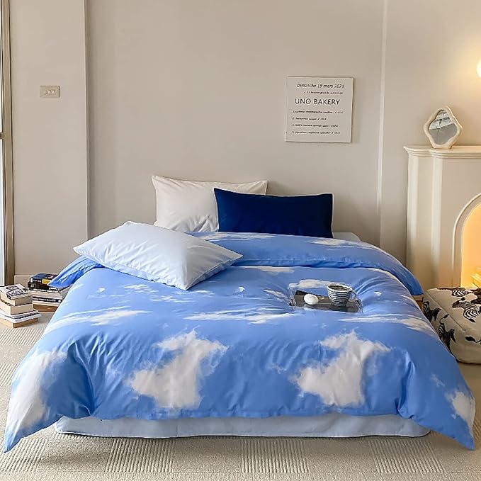 KAREVER Cotton Blue Cloud Comforter Set Twin Size Sky Blue Bedding Kids 3 Pieces Soft Light Blue Twin Comforter Bedding Set Boys Girls Solid Blue Twin Bed Blanket Set for All Season as Gift
