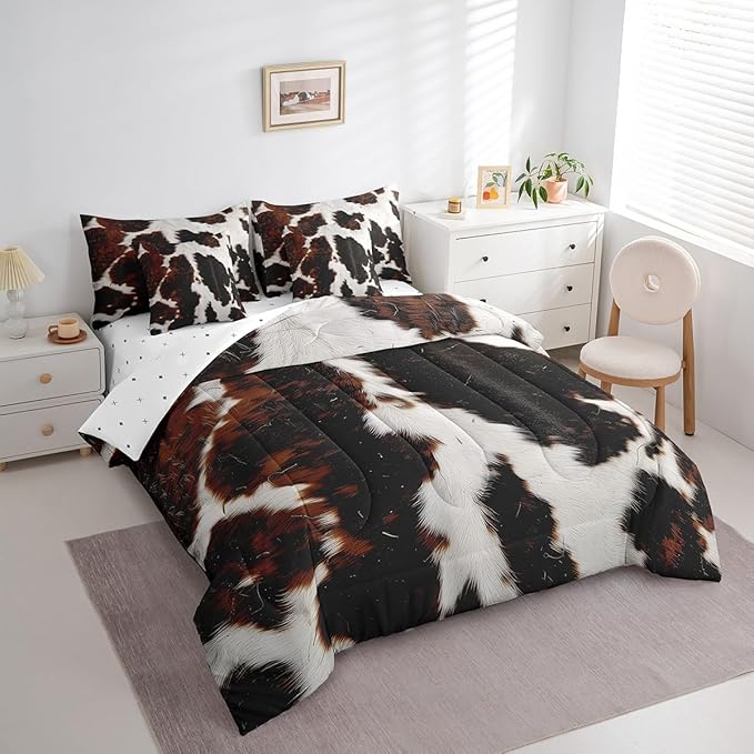 Milk Cow Print Bedding Comforter Sets 7-Piece Brown Cow Print Bed in a Bag, Faux Fur Pattern Twin Bedding Sets Grid Plaid Comforter Set Twin, Farmhouse Wildlife Hair Bedding Sets & Collections