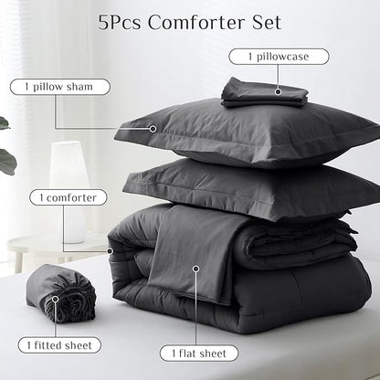 JOLLYVOGUE Twin Comforter Set, Ultra-Soft Bed in a Bag Twin Size 5 Pieces, Oeko-TEX Certified Bedding Set with Down Alternative Comforter, Sheets, Pillowcases & Shams, Dark Grey