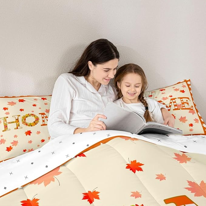 Fall Decor For Bedroom,Maple Leaf Pumpkin Wreaths Comforter Set Twin Fall Thanksgiving Quilt Bedding Sets For Home,Rustic Farmhouse Comforter Soft Lightweight For All Season Orange 1 Pillow Case