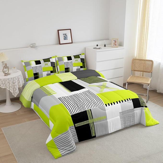 Erosebridal Lime Green Grey Comforter Set Queen Black White Abstract Bedding Set for Kids Boys Teen Men Geometric Square Quilt Grids Checkered Duvet Insert Modern Fashion Room Decor 3 Pcs