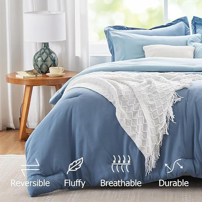 Navy Blue Comforter Set Reversible Bedding Set, 7 Pieces Soft Bed in a Bag Full with Comforter, Sheets, Pillowcases & Shams, All Seasons Boho Bed Set