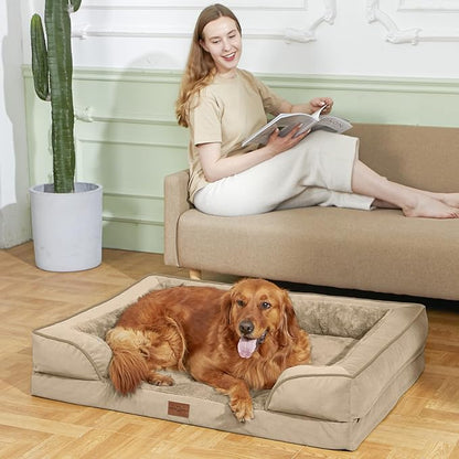 Comfort Expression Orthopedic Dog Bed for Small Dogs 24x16 Inch, Waterproof Supportive Egg Crate Foam Small Pet Bed with Removable Bolster, Dog Couch with Washable Cover & Non-Slip Bottom, Light Brown