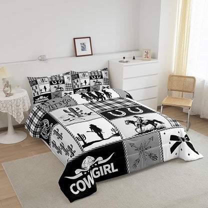 Western Cowgirl Girly Comforter Set King Size,Cactus Horseshoes Cow Skull Boot Rustic Bedding Set,Girls Women Room Decor,Bow Arrow Plaids Patchwork Down Comforter,Black Duvet Insert,2 Pillowcases