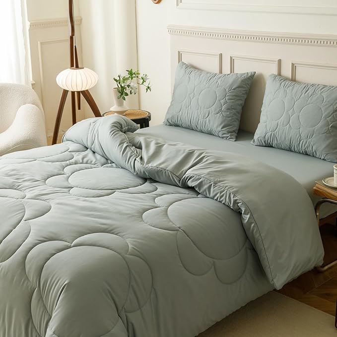CLOTHKNOW Light Blue Queen Comforter Sets Daisy Puff Bedding Comforter Sets Soft Blue Boho Queen Comforter with 2 x Pillow Cases