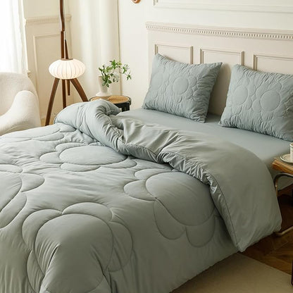 CLOTHKNOW Light Blue Queen Comforter Sets Daisy Puff Bedding Comforter Sets Soft Blue Boho Queen Comforter with 2 x Pillow Cases