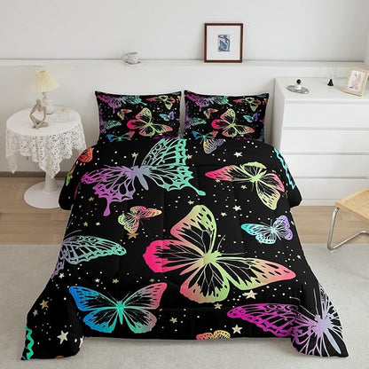 Erosebridal Butterfly Comforter Set King Starry Sky Galaxy Colorful Ombre Butterflies Bedding Sets for Kids Girls Teens Women Cartoon Bedding Comforters & Sets Room Decor with 2 Pillow Cases