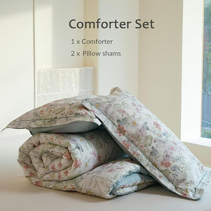 Cotton King Size Comforter Set, 3Pcs Flower Print Botanical Comforter for All Seasons, Luxury Warmth Comfy Breathable Bedding Set with 1 Lightweight Comforter and 2 Pillow Shams