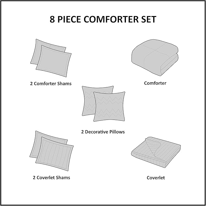 Madison Park Heritage Comforter Quilt Combo Set - Modern Luxury Design, All Season Down Alternative Bedding, Matching Shams, Decorative Pillows, Full/Queen(90"x90"), Color Block Grey 8 Piece