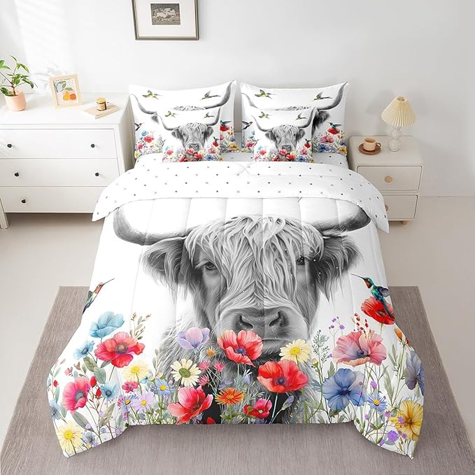 Erosebridal Highland Cow 7 Pcs Comforter Set Twin,Red Poppy Floral Bed in a Bag with Flat Sheet and Fitted Sheet,Hummingbird Western Funny Animals Cattle Farmhouse Bedding Set with Pillowcase & Sham