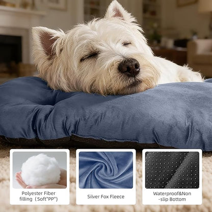 Durable & Washable Dog Bed for Small Medium Dogs & Cats, Plush Faux Silver Fox Fur Oval Bed with Non-Slip Bottom & Supportive Pad, 29”x18” Mist Blue