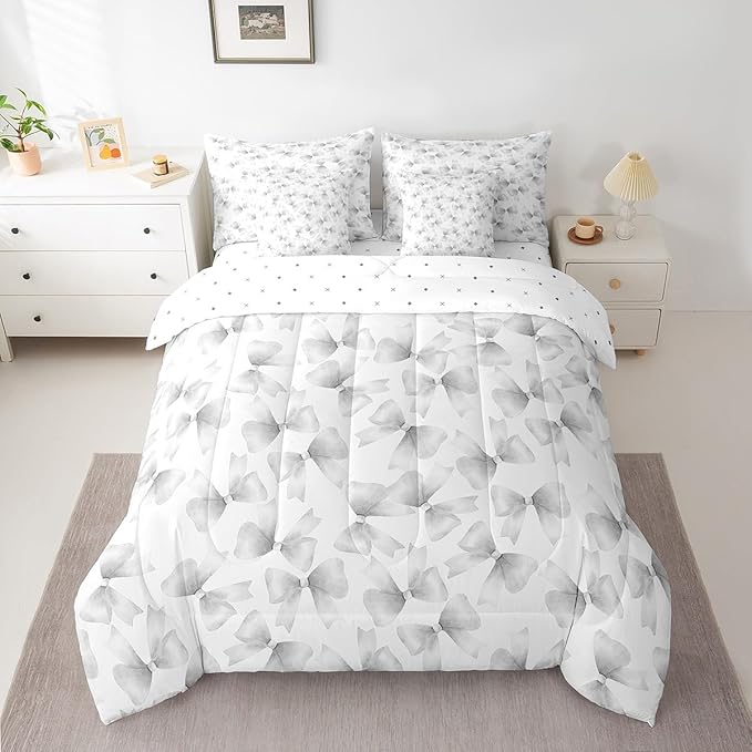 Feelyou Grey Bow Comforter Set with Sheets King Size Kids Bowknot 7 Pieces Bedding Set for Boys Girls Teens Gift for Girls Women Bed in a Bag Breathable Princess Décor Bed Set