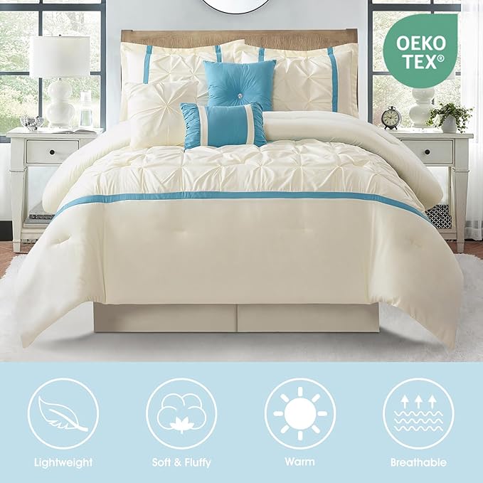Beige Blue Comforter Set, California King, 7 Piece Bed in a Bag, Microfiber Handcrafted Pintucking, All Season Bed Set with Comforter, Bedskirt, Pillow Shams and Decro Pillows