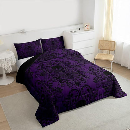 Feelyou Adults Gothic Skull Bedding Set Queen Size Kids Damask Print Comforter Goth Bohemian Duvet Breathable Soft Lightweight Microfiber Black Purple Room Decor with 2 Pillowcases
